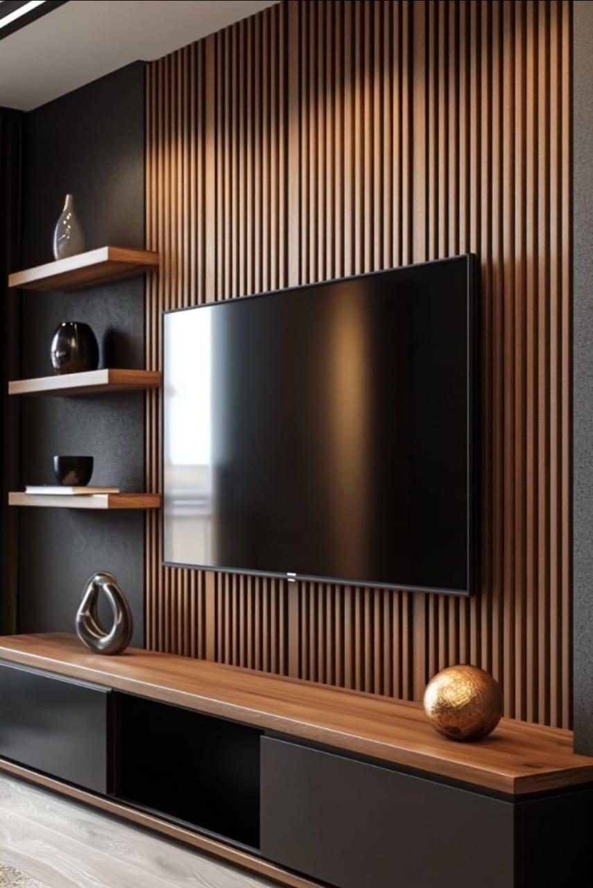Meuble TV en bois et noir avec étagères décoratives